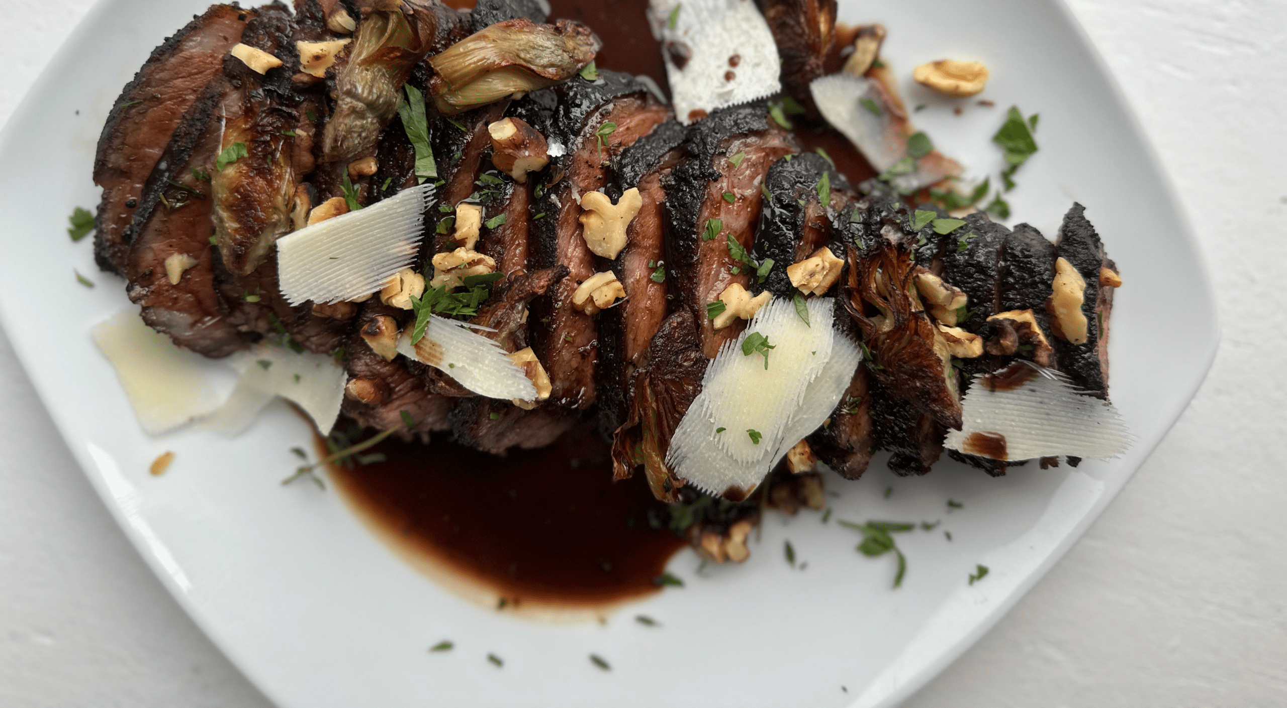 Grilled Hanger Steak with Grape Demi & Crispy Artichokes