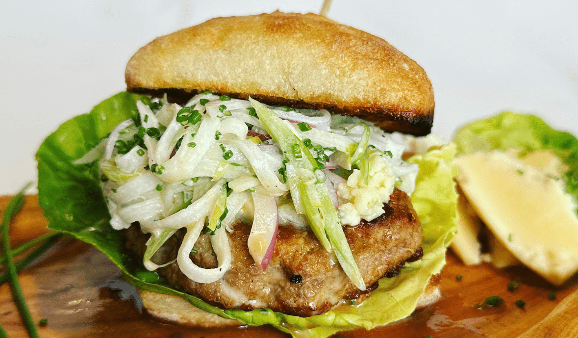 Juicy Smoked Blue Turkey Burgers with Pear & Celery Slaw